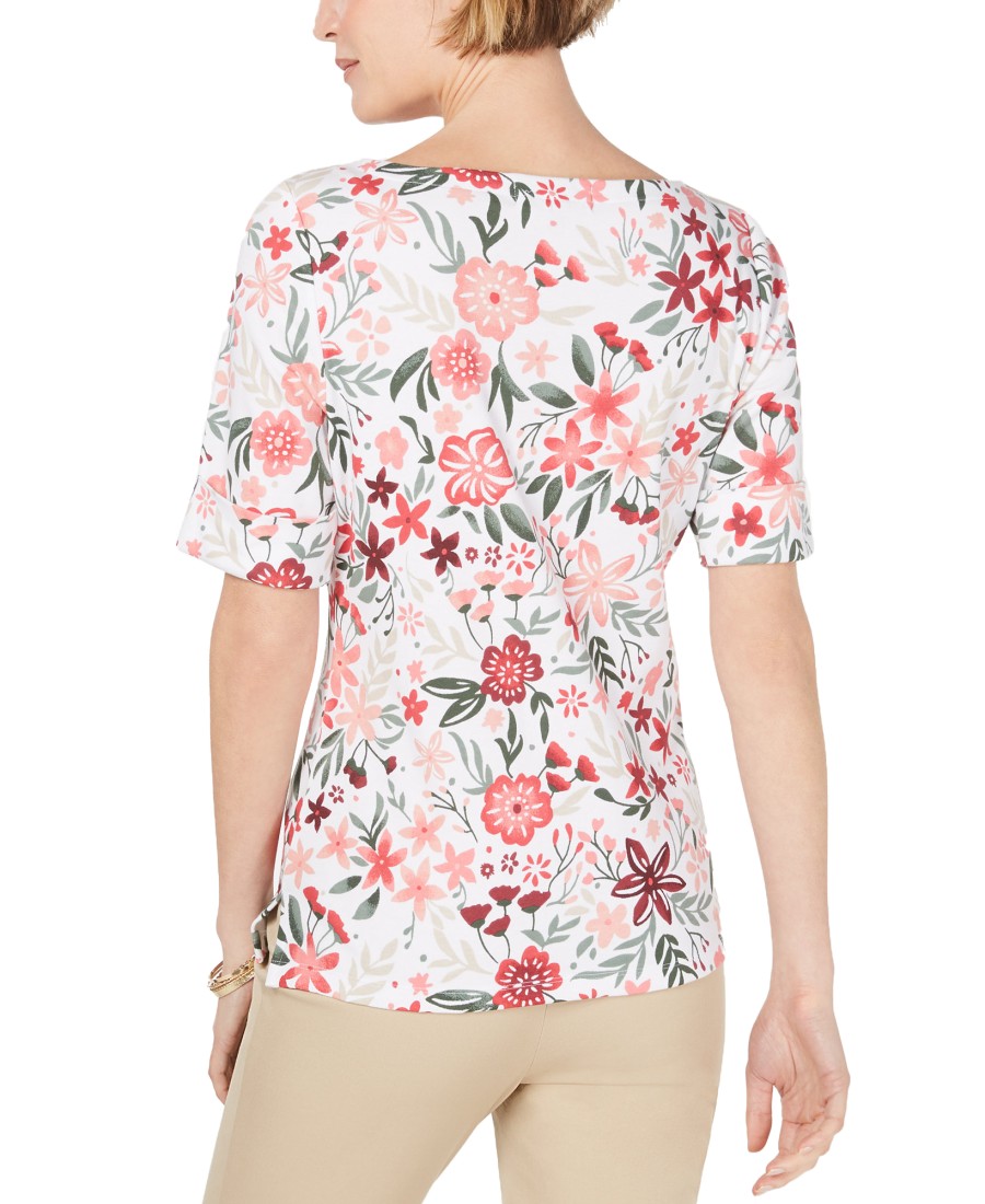 Women'S Karen Scott | Printed Boat-Neck Top Peony Coral