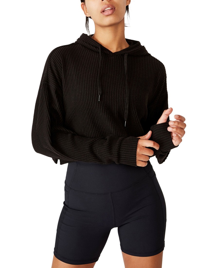 Women'S COTTON ON | Rib Cropped Hooded Sweatshirt Black