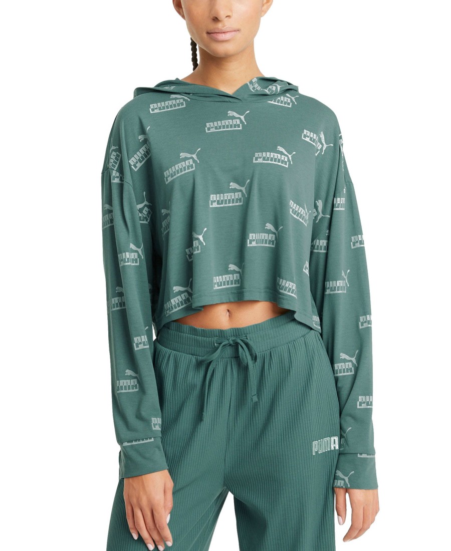 Women'S Puma | Amplified Logo-Print Cropped Hoodie Blue Spruce