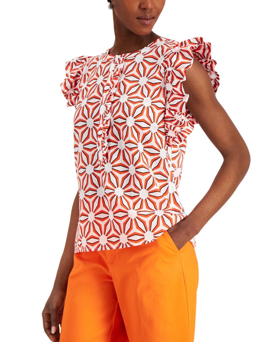 Women'S Charter Club | Petite Printed Ruffle-Sleeve Shirt Bright White Combo