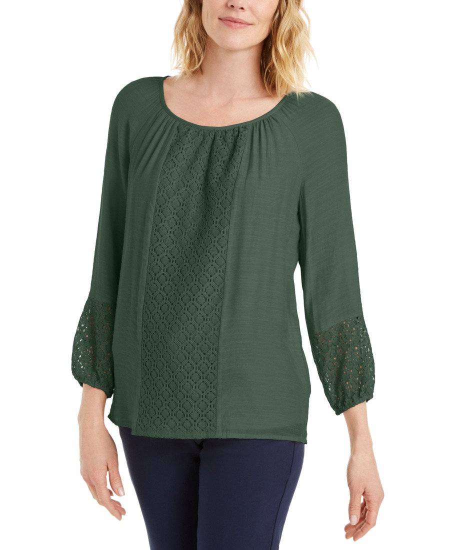 Women'S JM Collection | Solid Lace-Inset Top Blooming Cactus