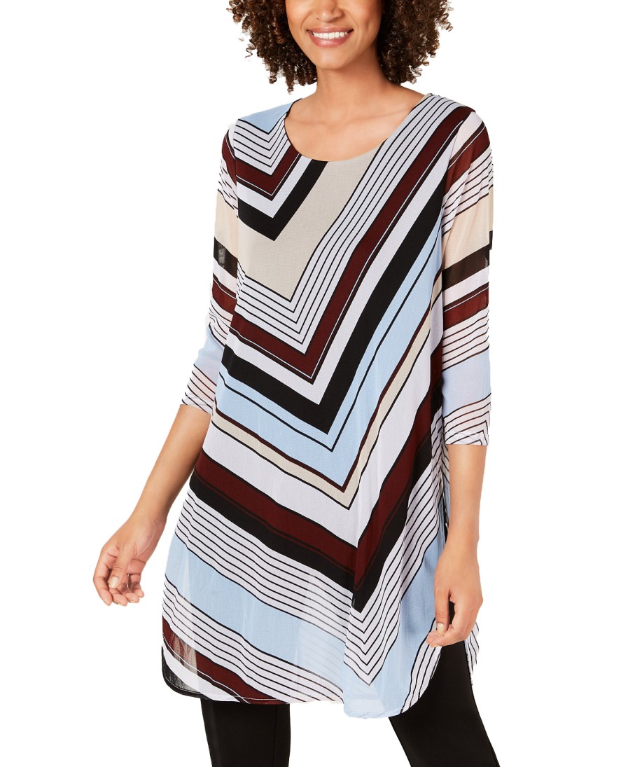 Juniors' Alfani | Petite Chevron Striped Tunic Blue Side Angle Stripe