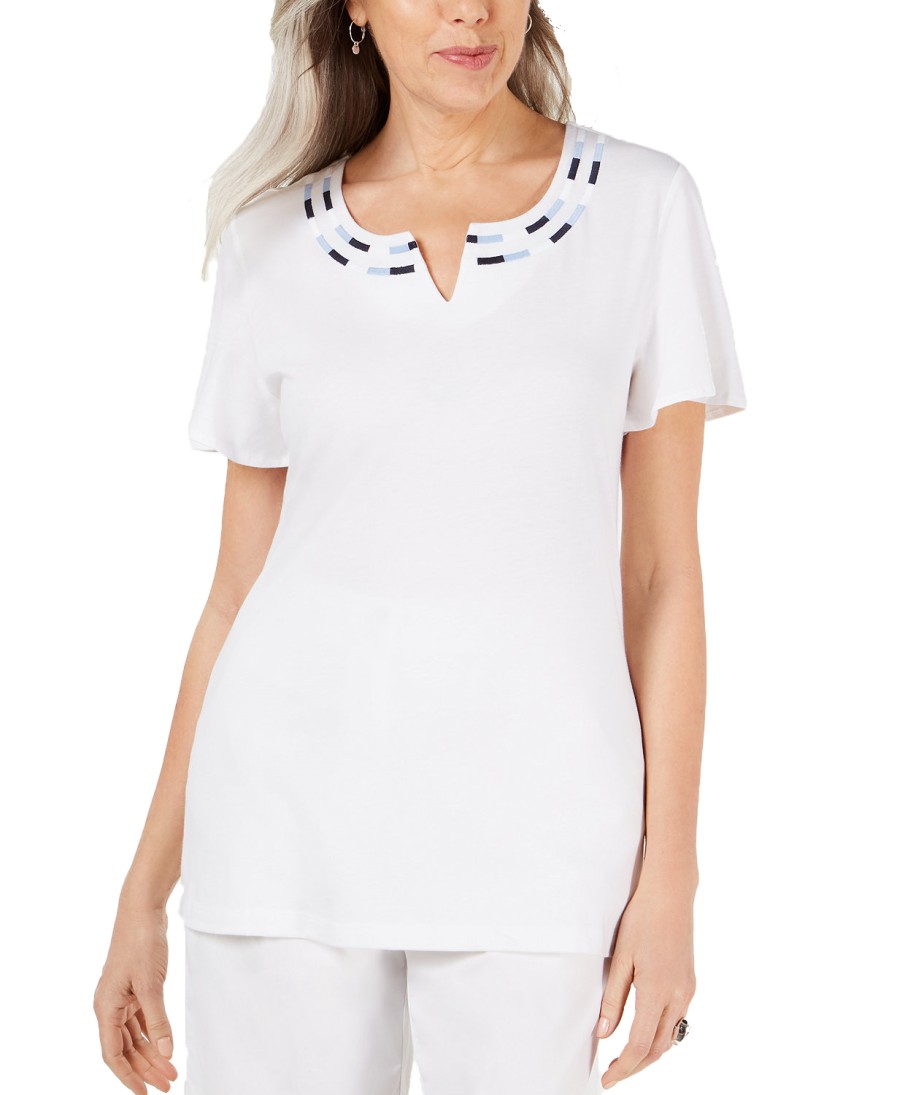 Women'S Karen Scott | Embroidered Split-Neck Top Bright White