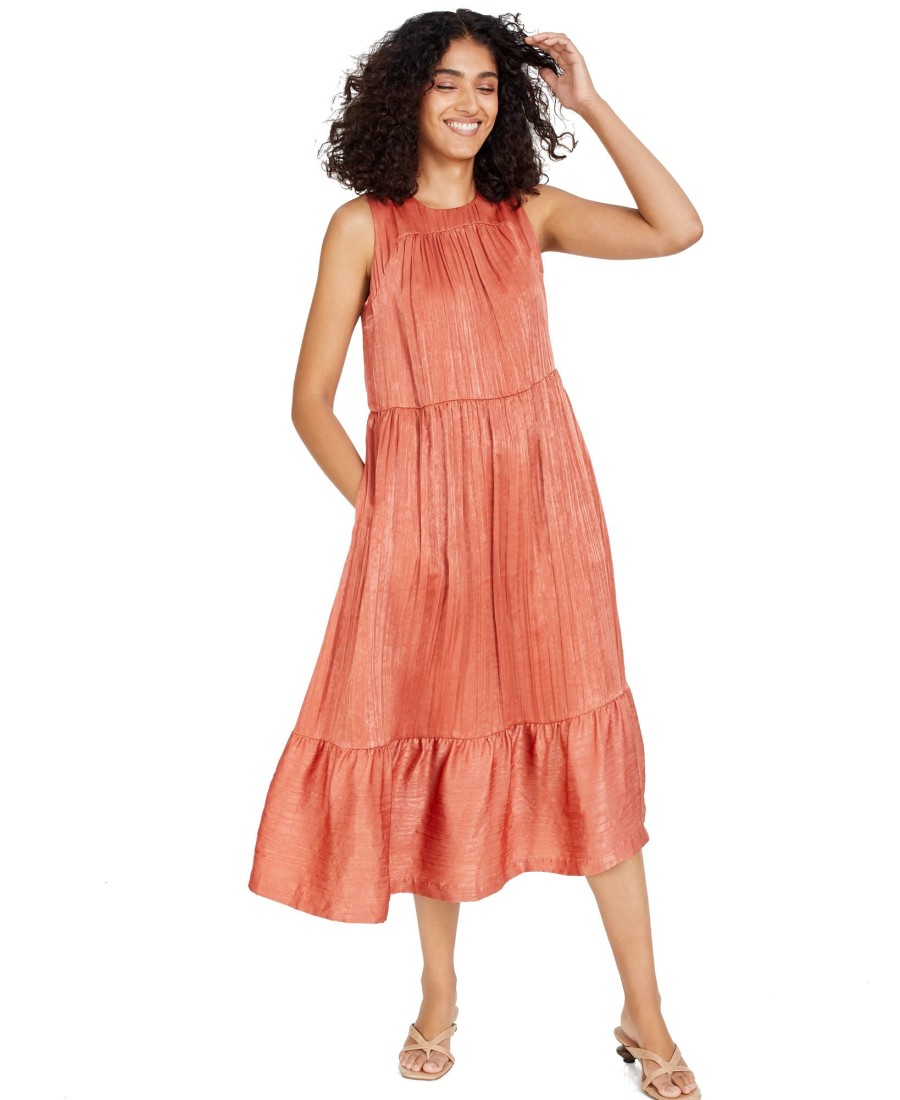 Juniors' Alfani | Pleated Tiered Midi Sleeveless Dress Cedar Chest