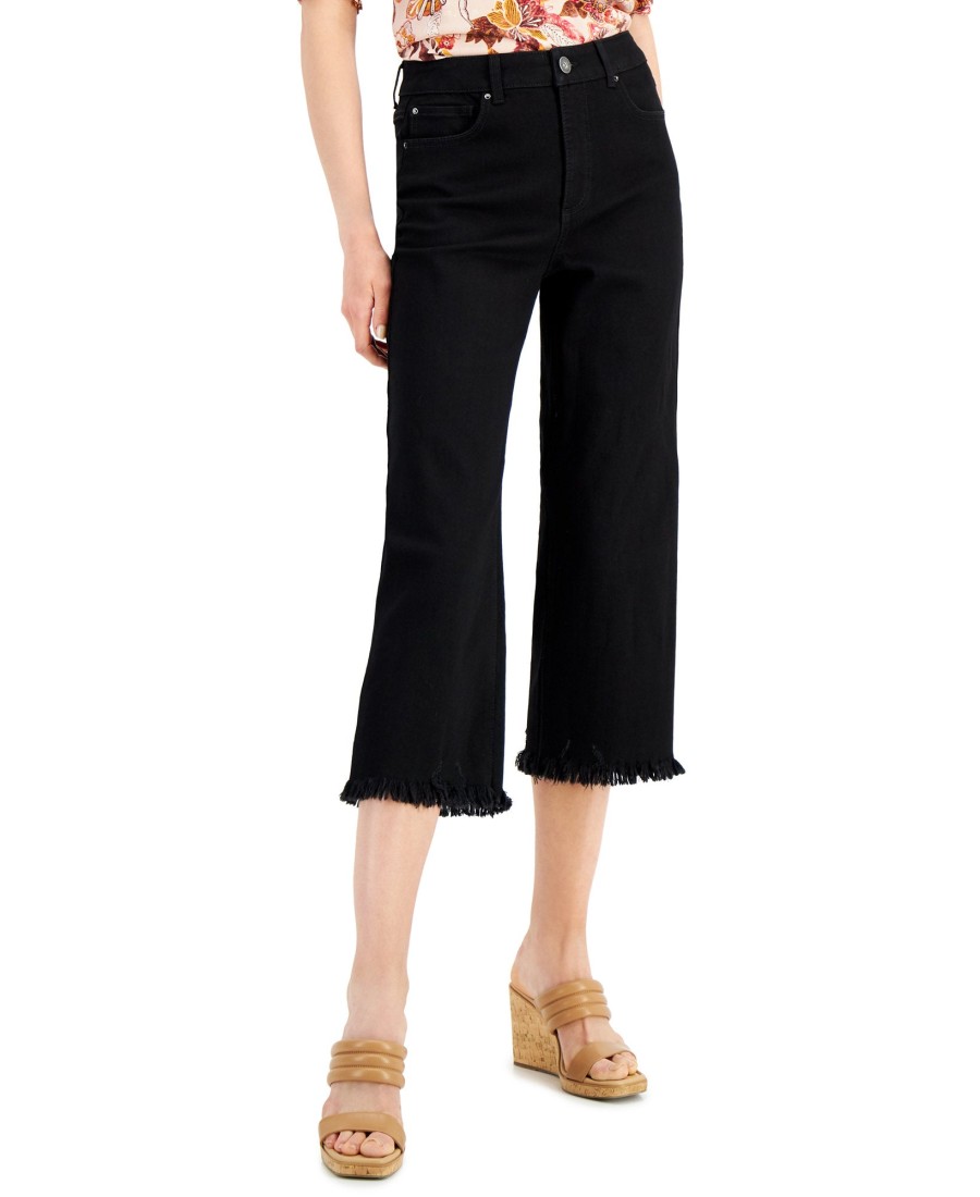 Women'S INC International Concepts | High Rise Frayed Hem Cropped Wide Leg Jeans Black