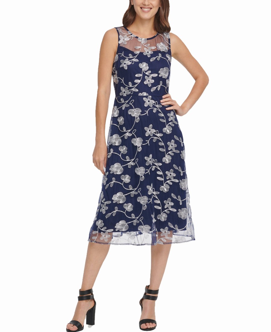 Women'S DKNY | Embroidered Midi Fit & Flare Dress Navy Multi