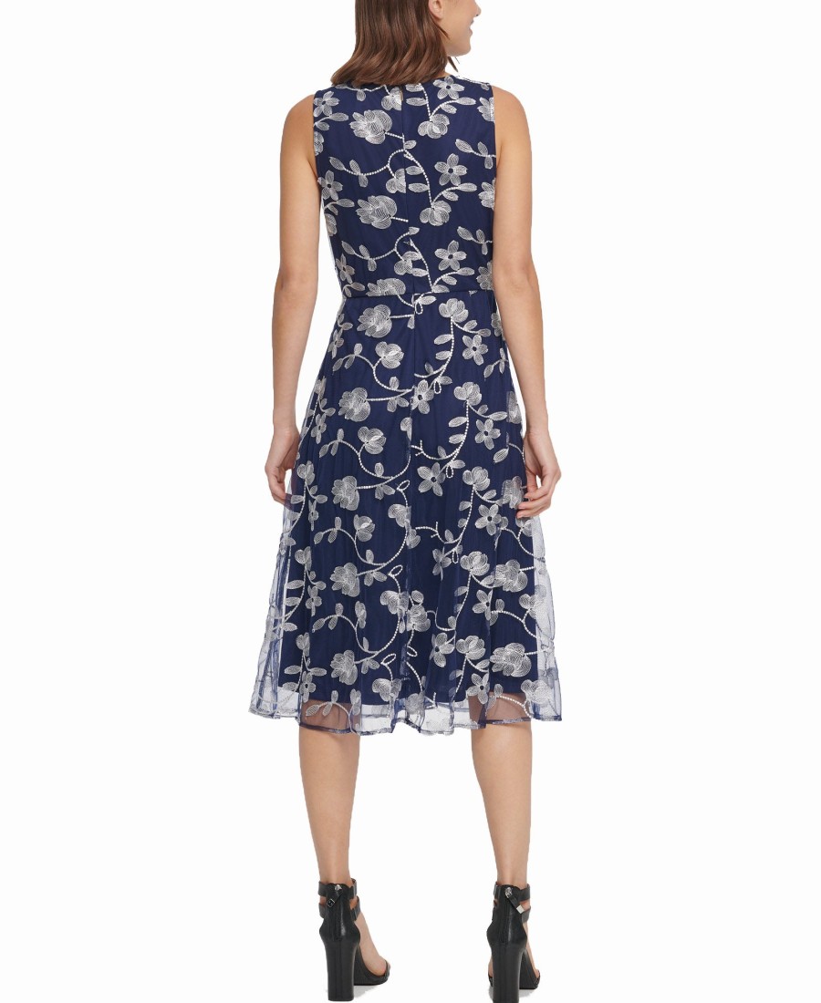 Women'S DKNY | Embroidered Midi Fit & Flare Dress Navy Multi