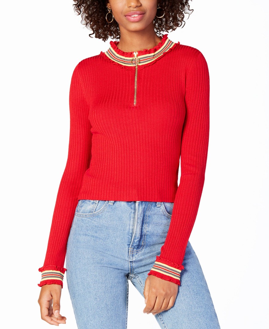 Juniors' Planet Gold | Juniors' Ribbed Zip-Up Sweater Tango Red Combo