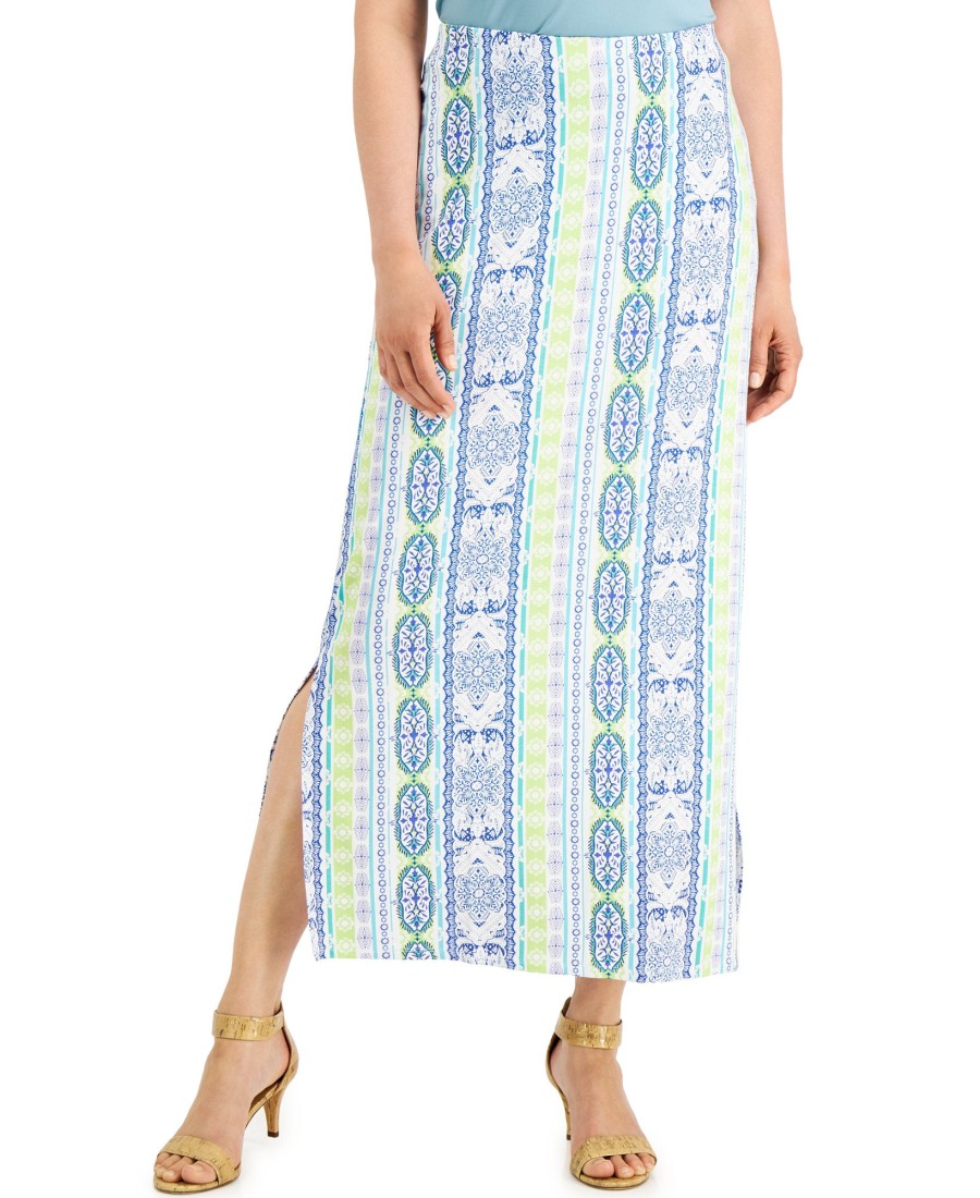 Women'S JM Collection | Printed Knit Maxi Skirt Parrow Green Combo