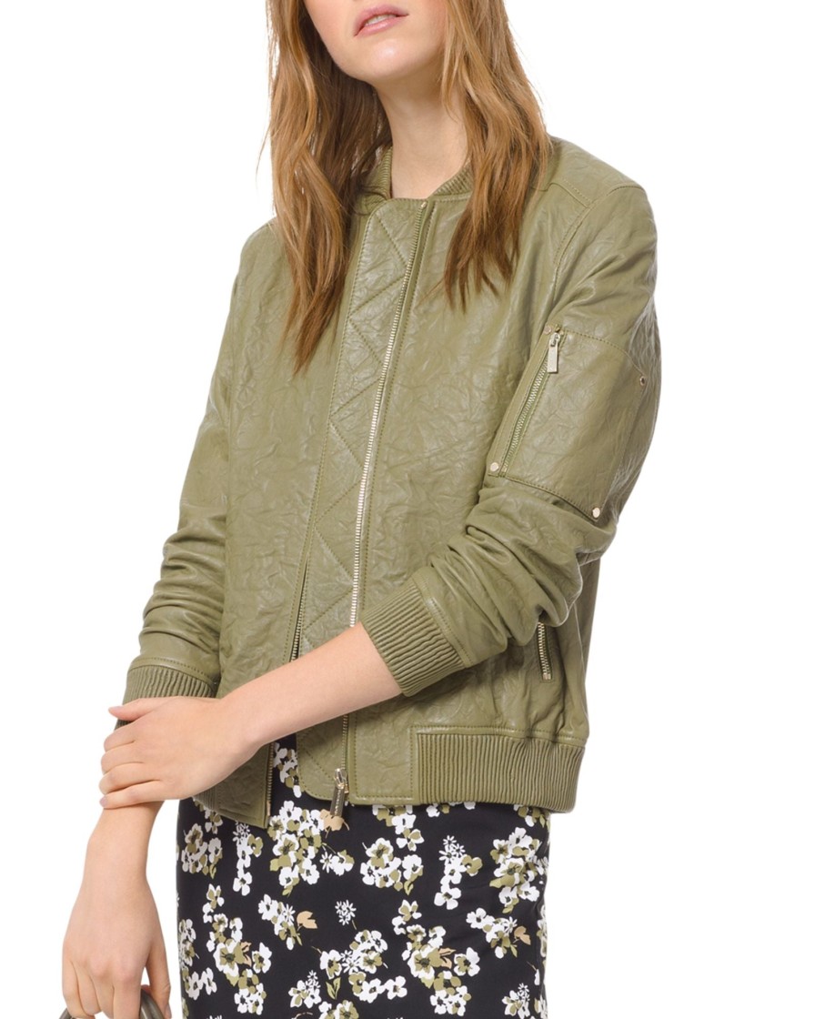 Women'S MICHAEL Michael Kors | Leather Bomber Jacket Smoky Olive