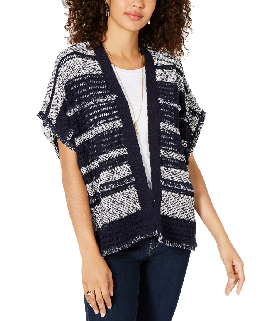 Women'S Style & Co | Mixed-Knit Fringe-Trim Cardigan Camel Blue Combo