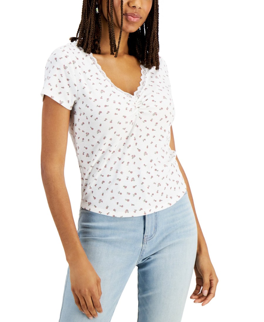 Juniors' Hippie Rose | Juniors' Lace-Trim Ribbed Top Ivory Floral