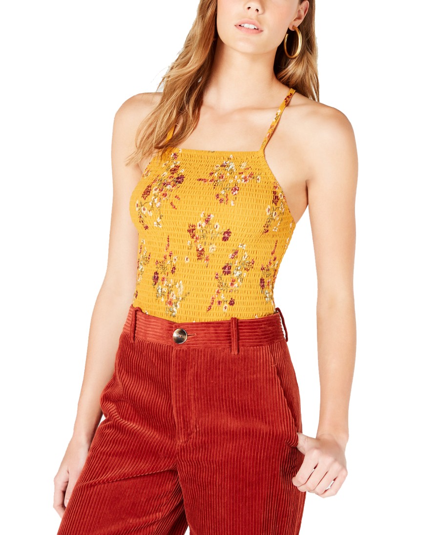 Juniors' Hippie Rose | Juniors' Smocked Crisscross-Strap Top Yellow Floral