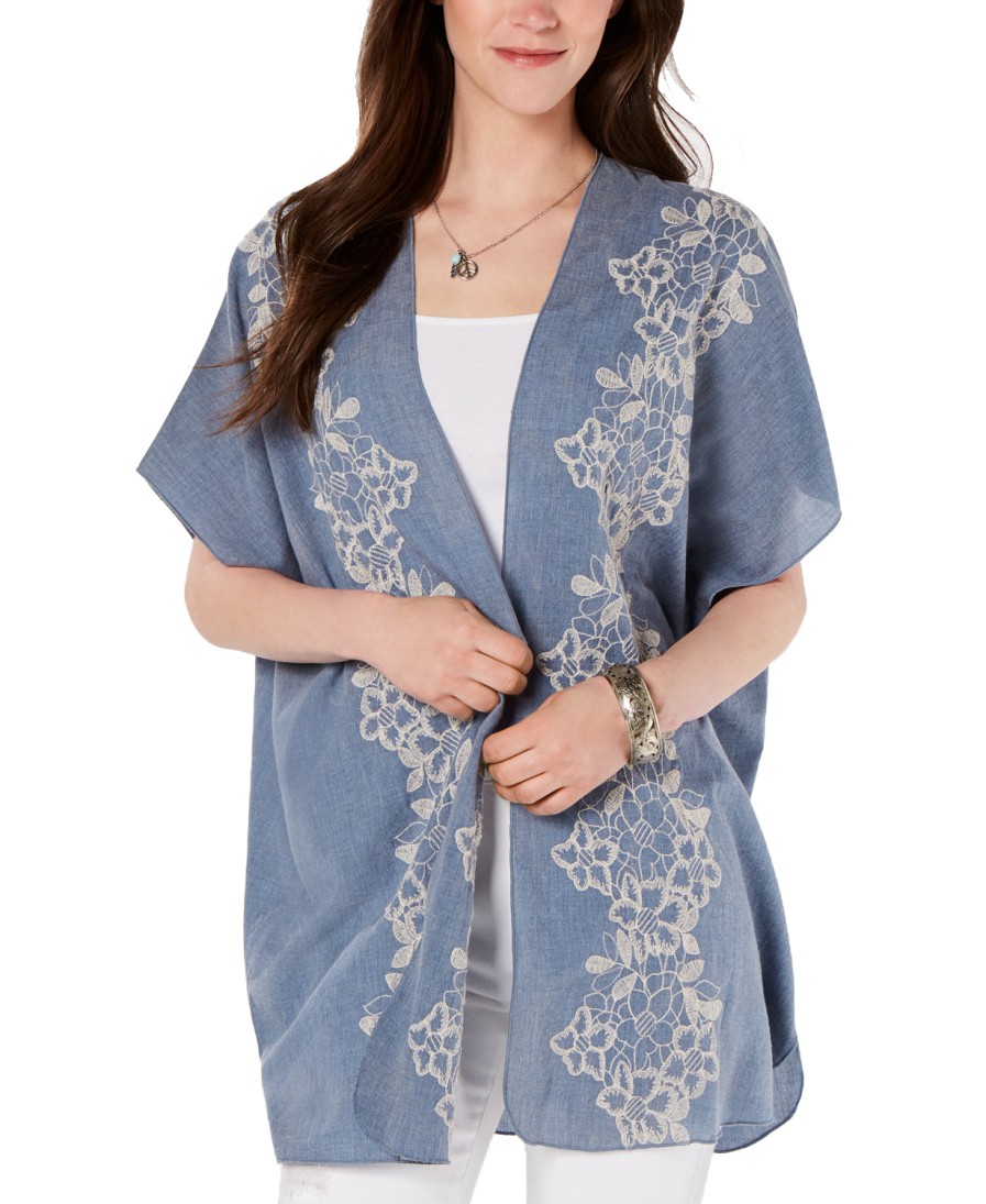 Women'S Style & Co | Embroidered Open-Front Kimono Floral Chain