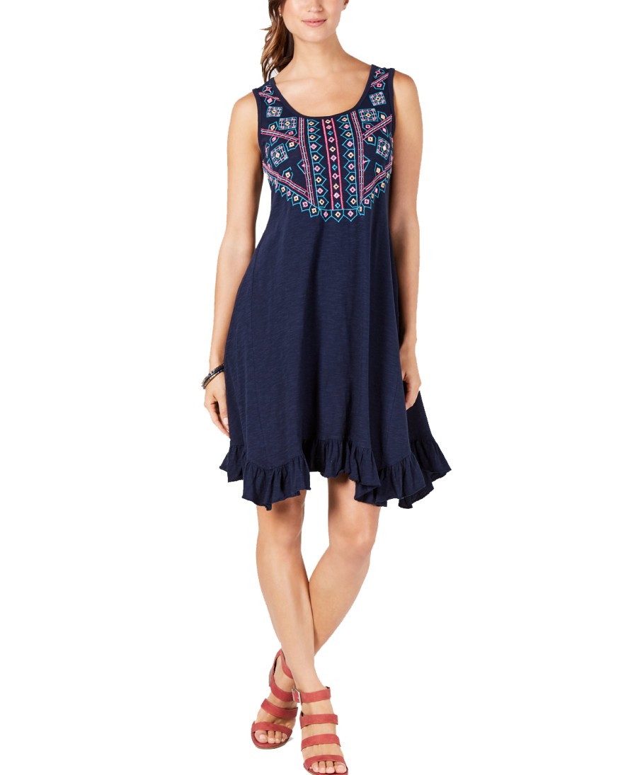 Women'S Style & Co | Cotton Embroidered Ruffle-Hem Dress Global Vibes Ink