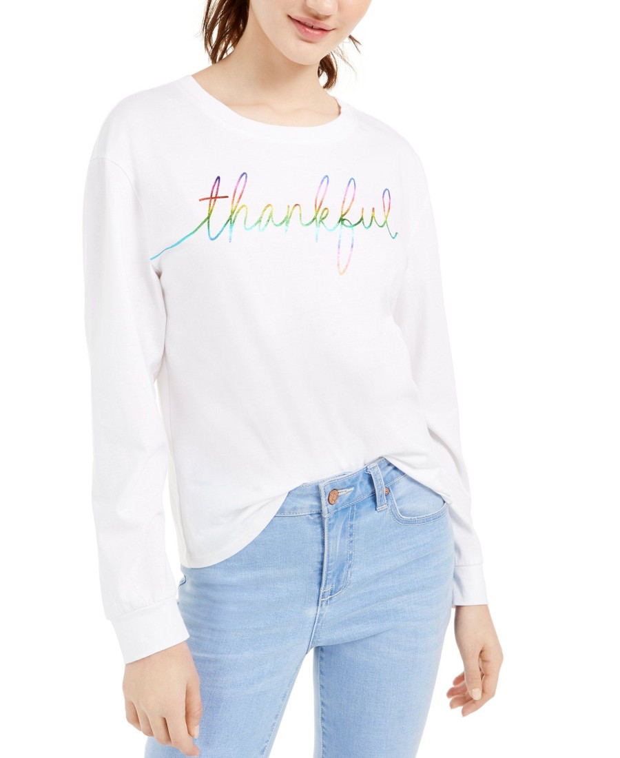 Juniors' Rebellious One | Juniors' Thankful Long-Sleeve Cotton T-Shirt White