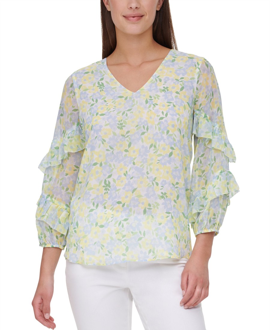 Women'S Calvin Klein | Printed Ruffled Top Yellow