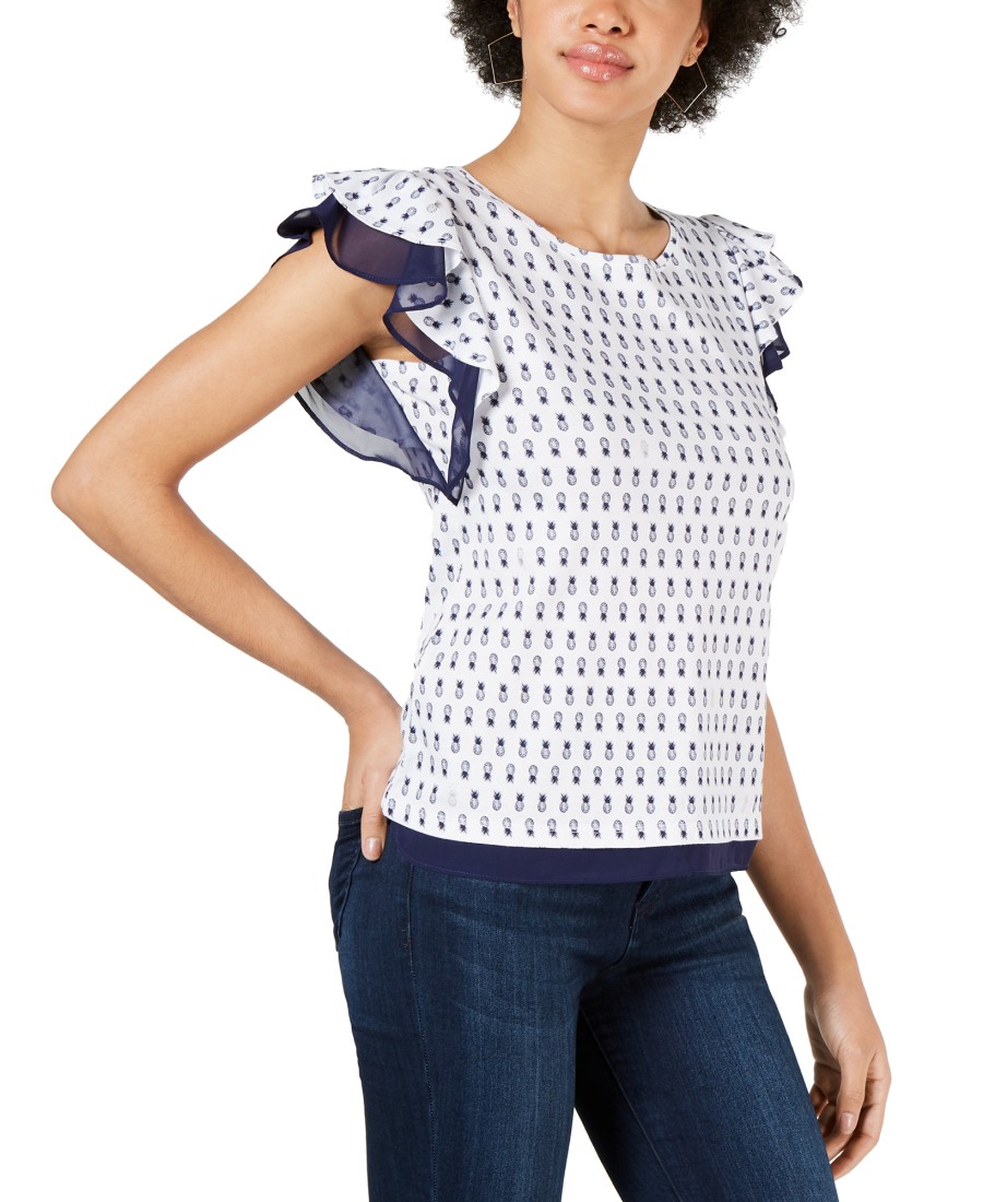 Women'S Maison Jules | Printed Flutter-Sleeve Top Bright White Combo