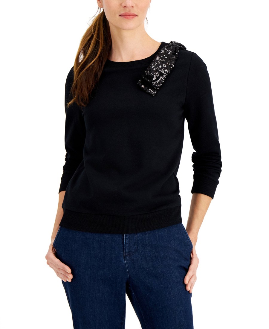 Women'S Charter Club | Sequined Bow Long Sleeve Top Deep Black