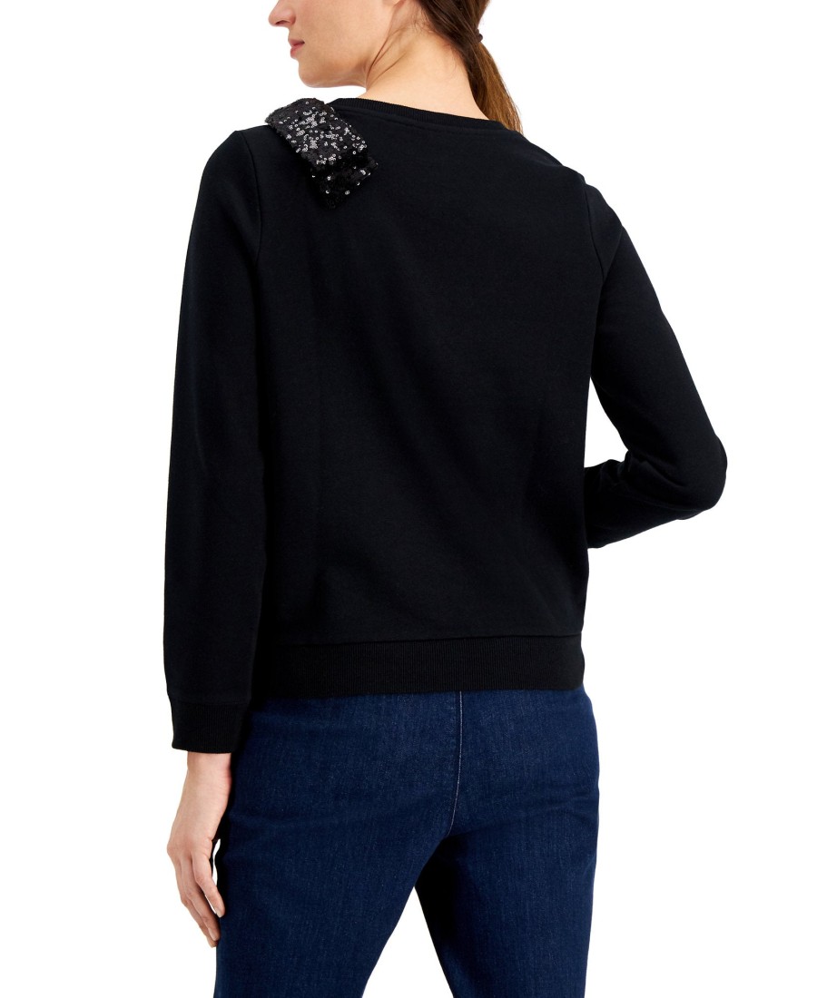 Women'S Charter Club | Sequined Bow Long Sleeve Top Deep Black