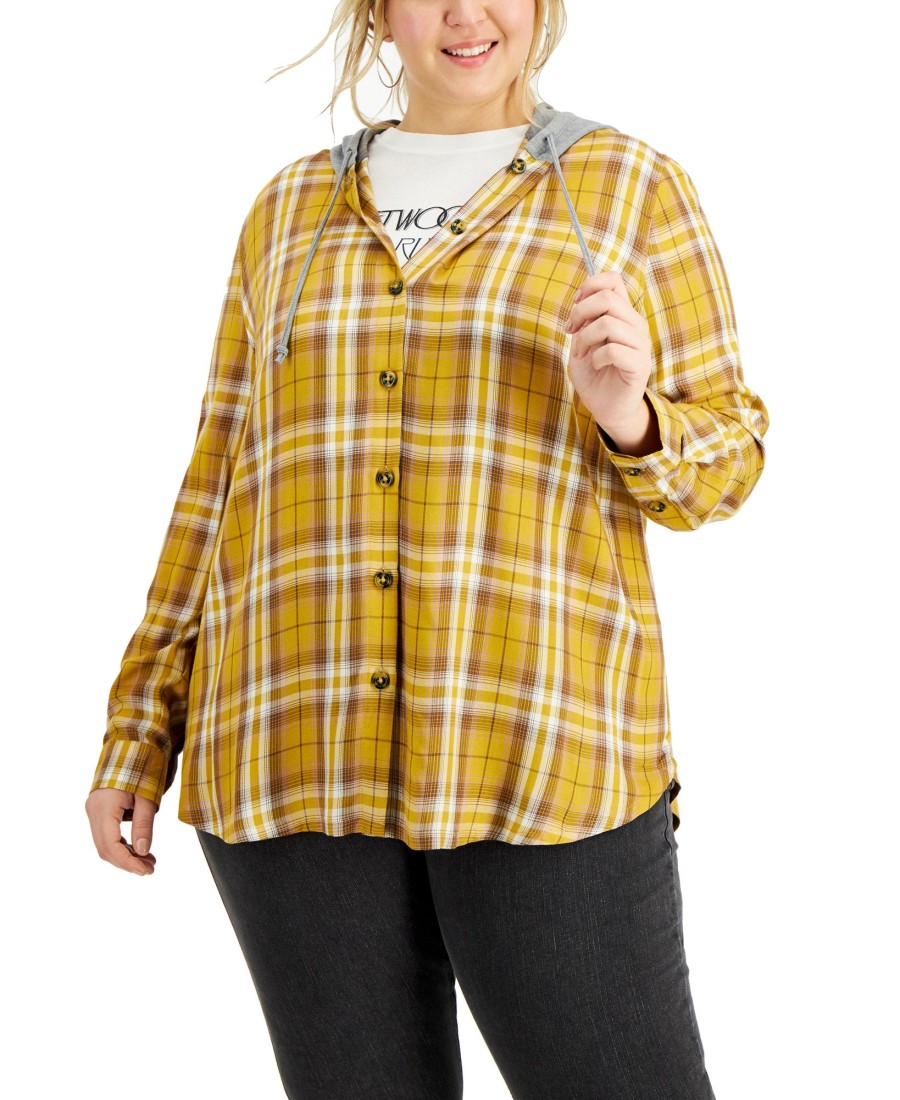 Women'S Love, Fire | Plus Trendy Hooded Plaid Button-Front Shirt Mustard Cream