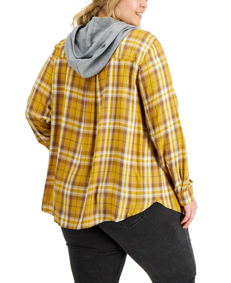 Women'S Love, Fire | Plus Trendy Hooded Plaid Button-Front Shirt Mustard Cream