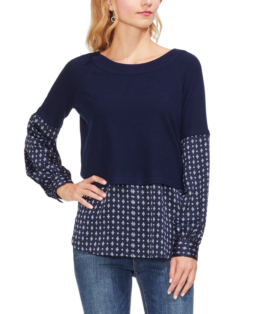 Women'S Vince Camuto | Mixed-Media Boat-Neck Top Classic Navy