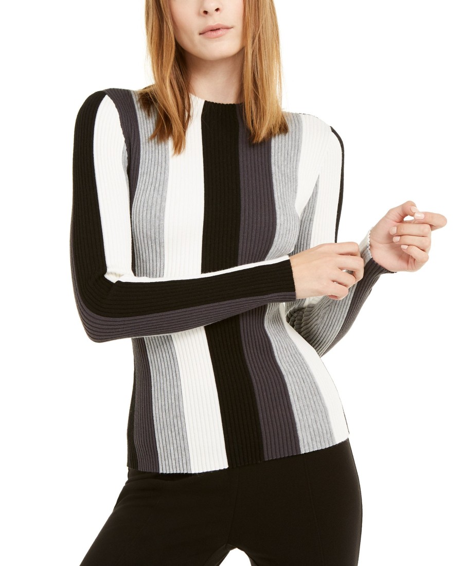 Women'S INC International Concepts | Striped Ribbed Mock-Neck Sweater Deep Black