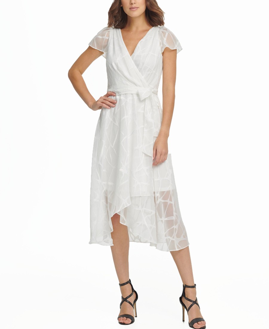 Women'S DKNY | Flutter Sleeve V-Neck Wrap Midi Dress Cream