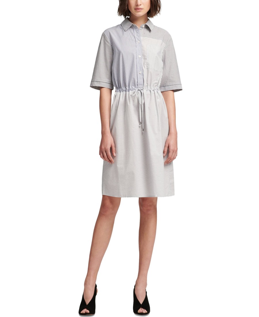 Women'S DKNY | Cotton Short-Sleeve Striped & Colorblocked Dress Grey