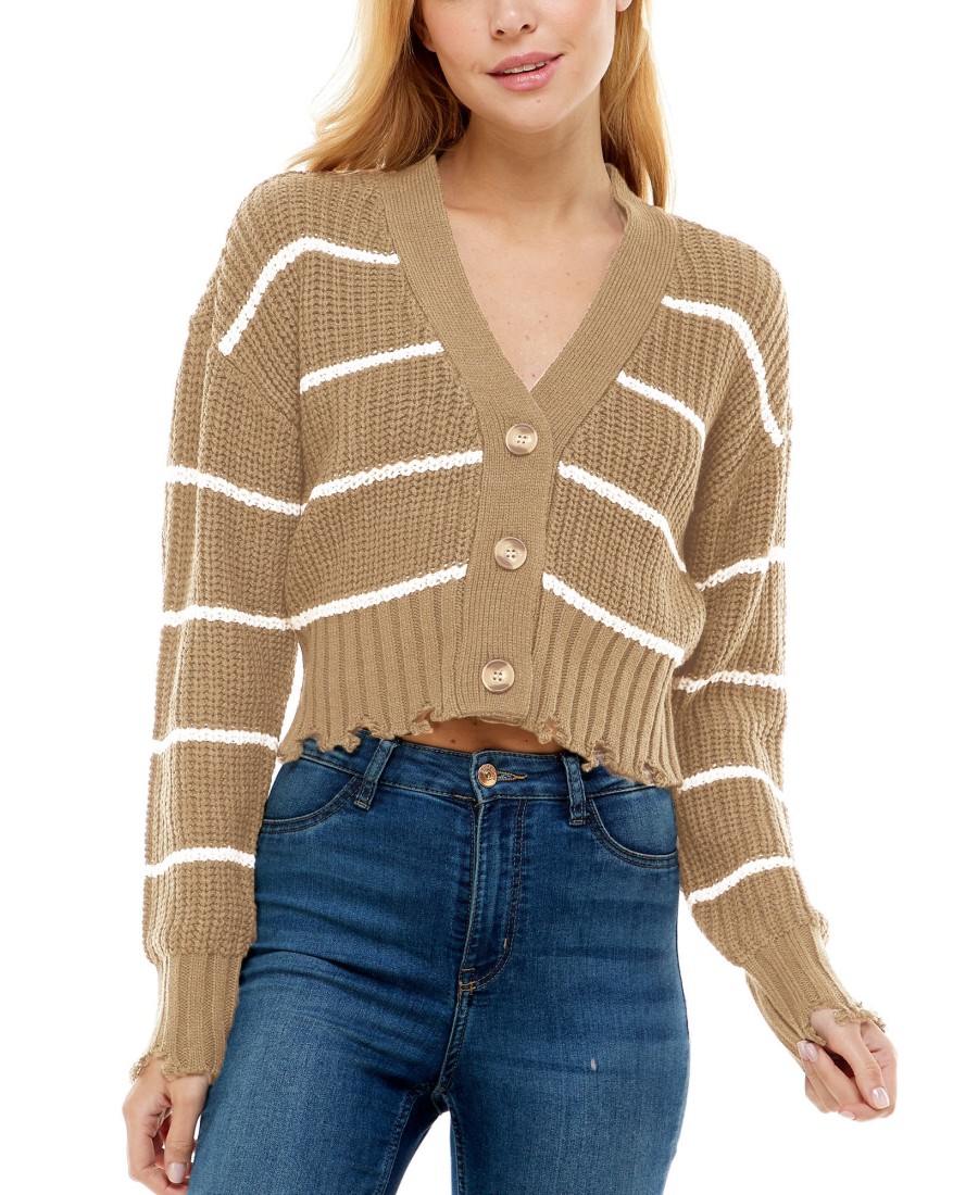 Juniors' Ultra Flirt | Juniors' Striped Cropped Cardigan Mushroom