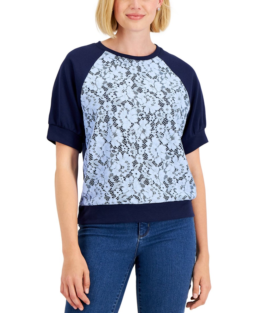 Women'S Charter Club | Lace-Panel Baseball T-Shirt Intrepid Blue