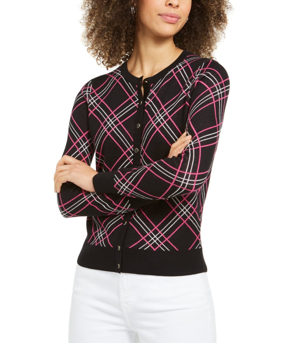 Women'S Charter Club | Plaid Cardigan Sweater Deep Black Combo