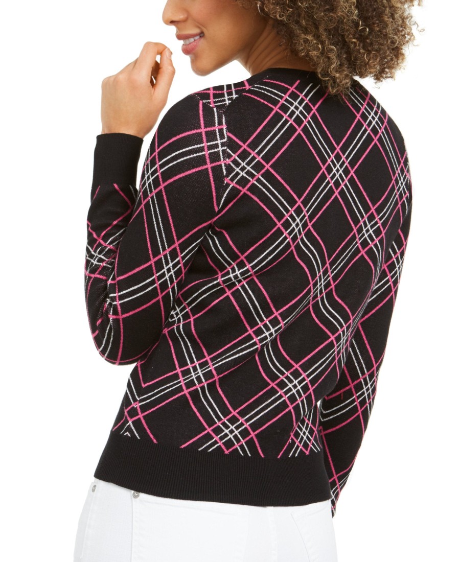 Women'S Charter Club | Plaid Cardigan Sweater Deep Black Combo